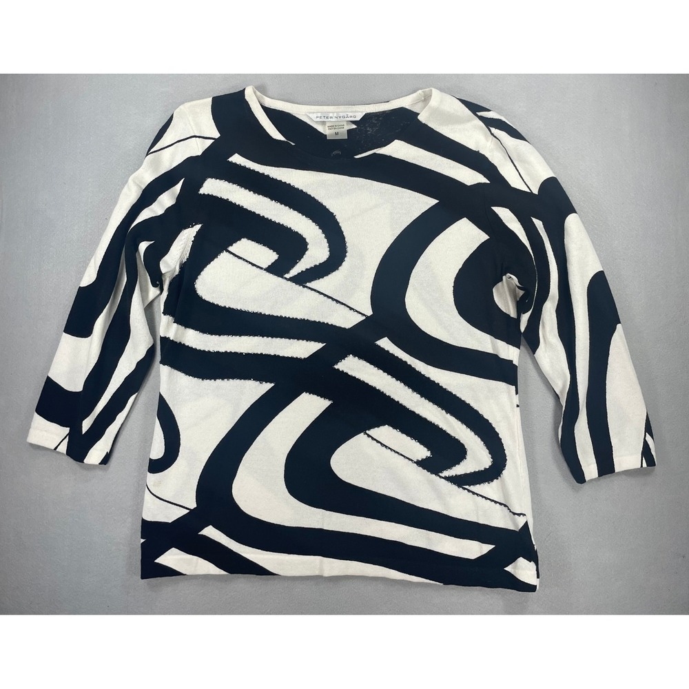 Peter Nygard‎ Women Black White Abstract Swirl Knit Top 3/4 Sleeve Size M
